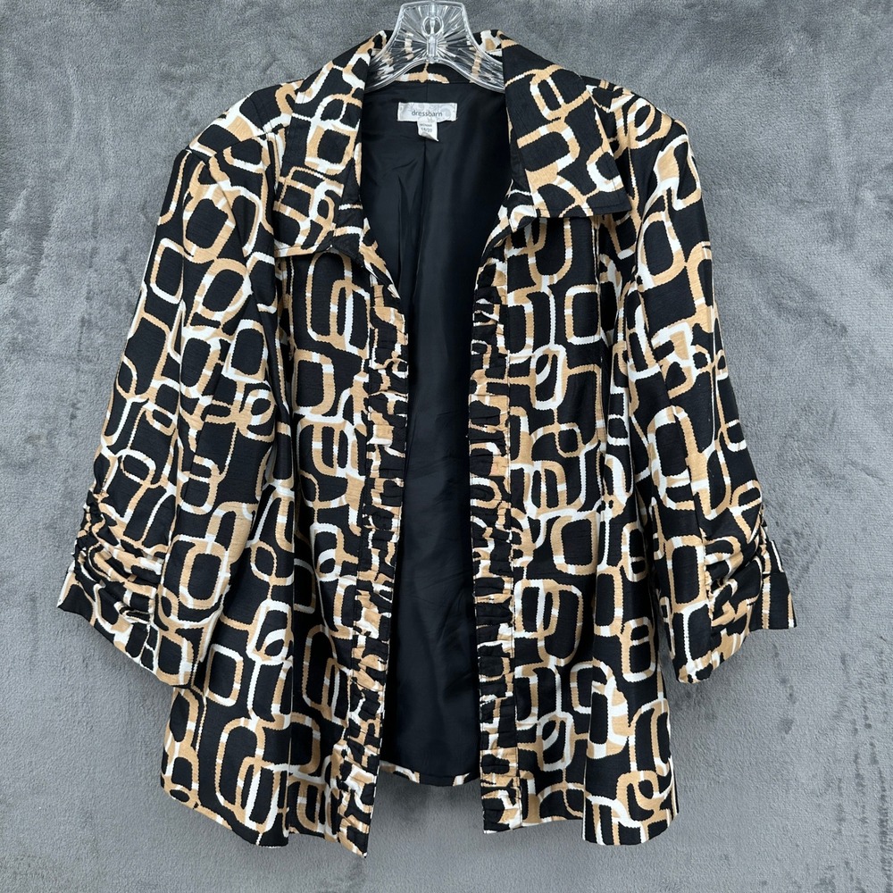Dressbarn Woman 18/20 Black‎ Tan White Geometric Print 3/4 Sleeve Jacket Blazer